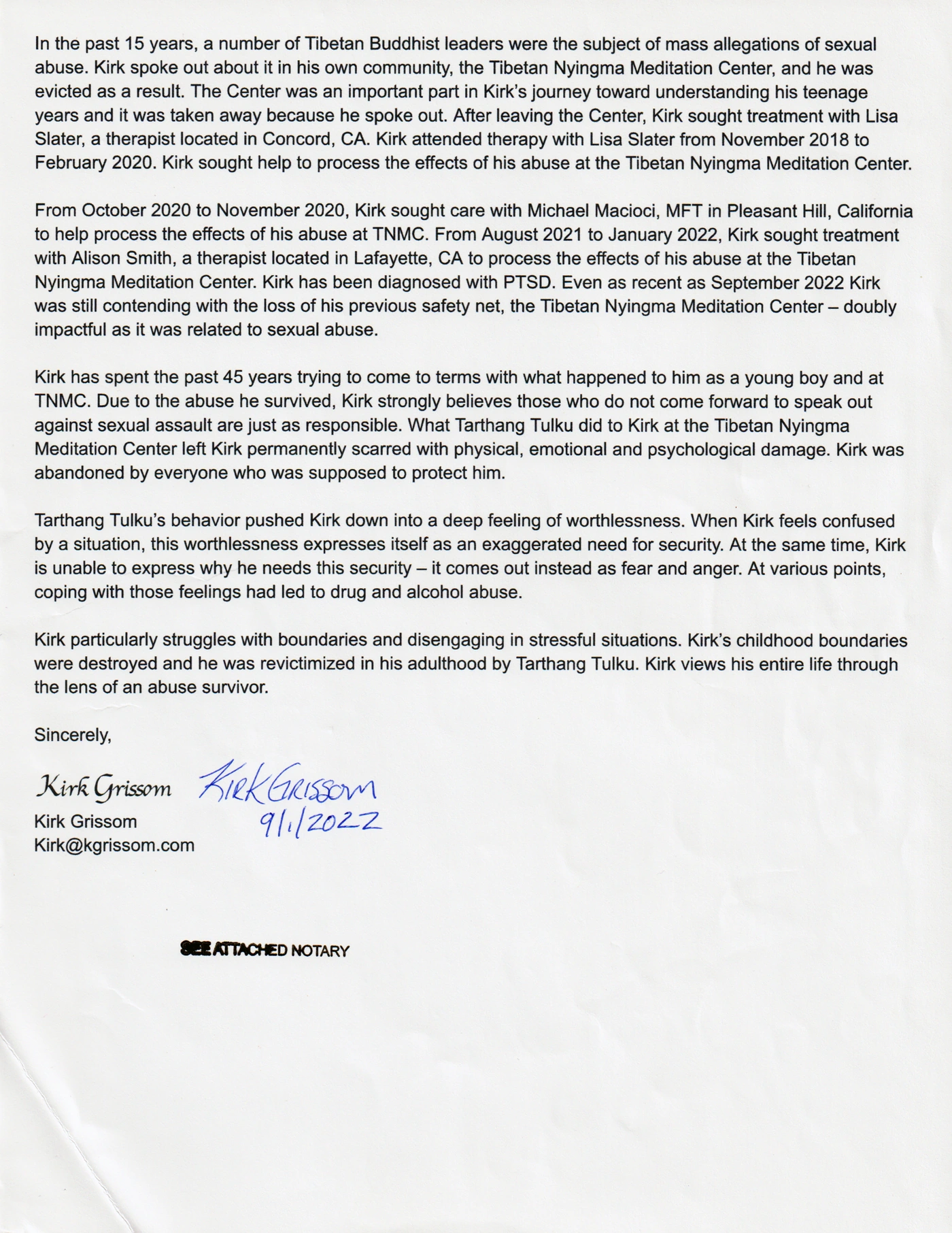 Page 3 of Kirk Grissom's September 1, 2022 complaint statement